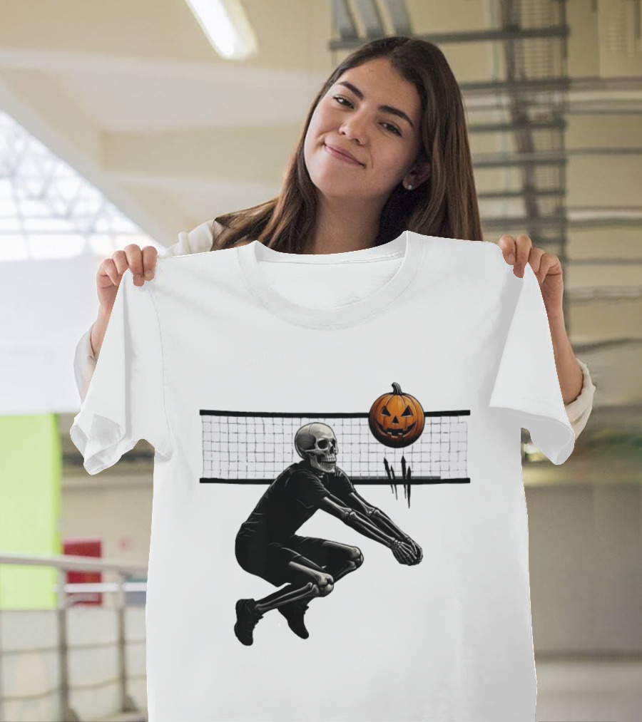 Bump Or Treat Halloween Volleyball Skeleton Pumpkin Spike T-Shirt