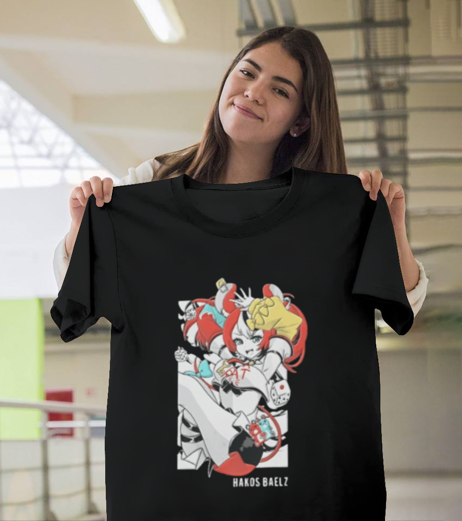 Hololive Hakos Baelz Anime Girl Red Hair Dice Playful Jumping T-Shirt