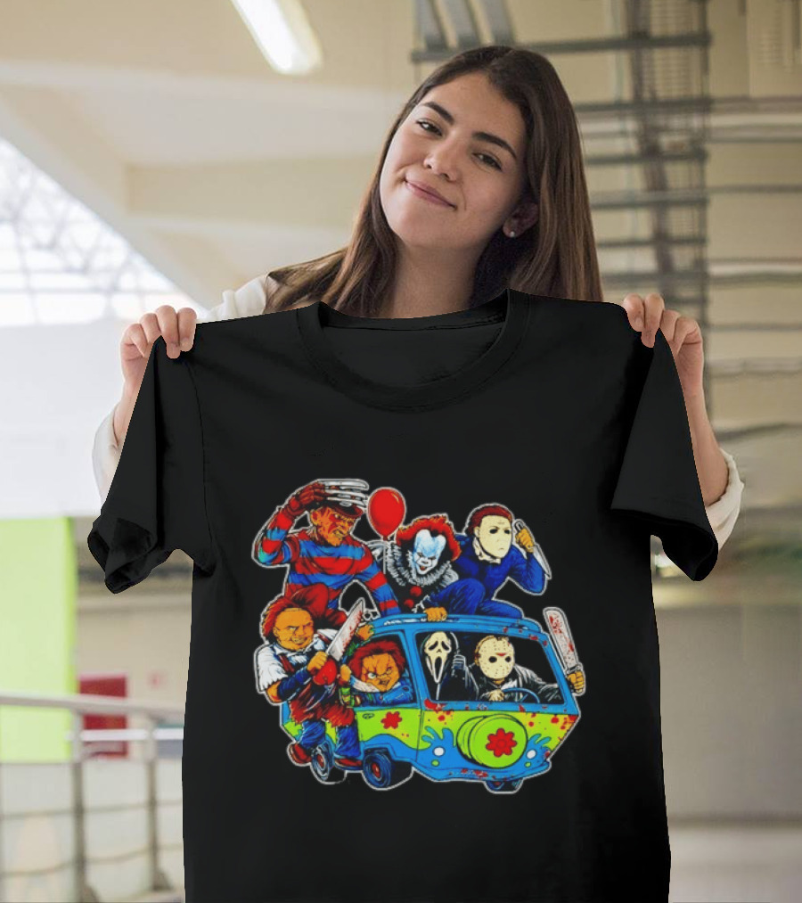Horror Movie Icons Ride In Mystery Machine Van With Murderous Villains T-Shirt