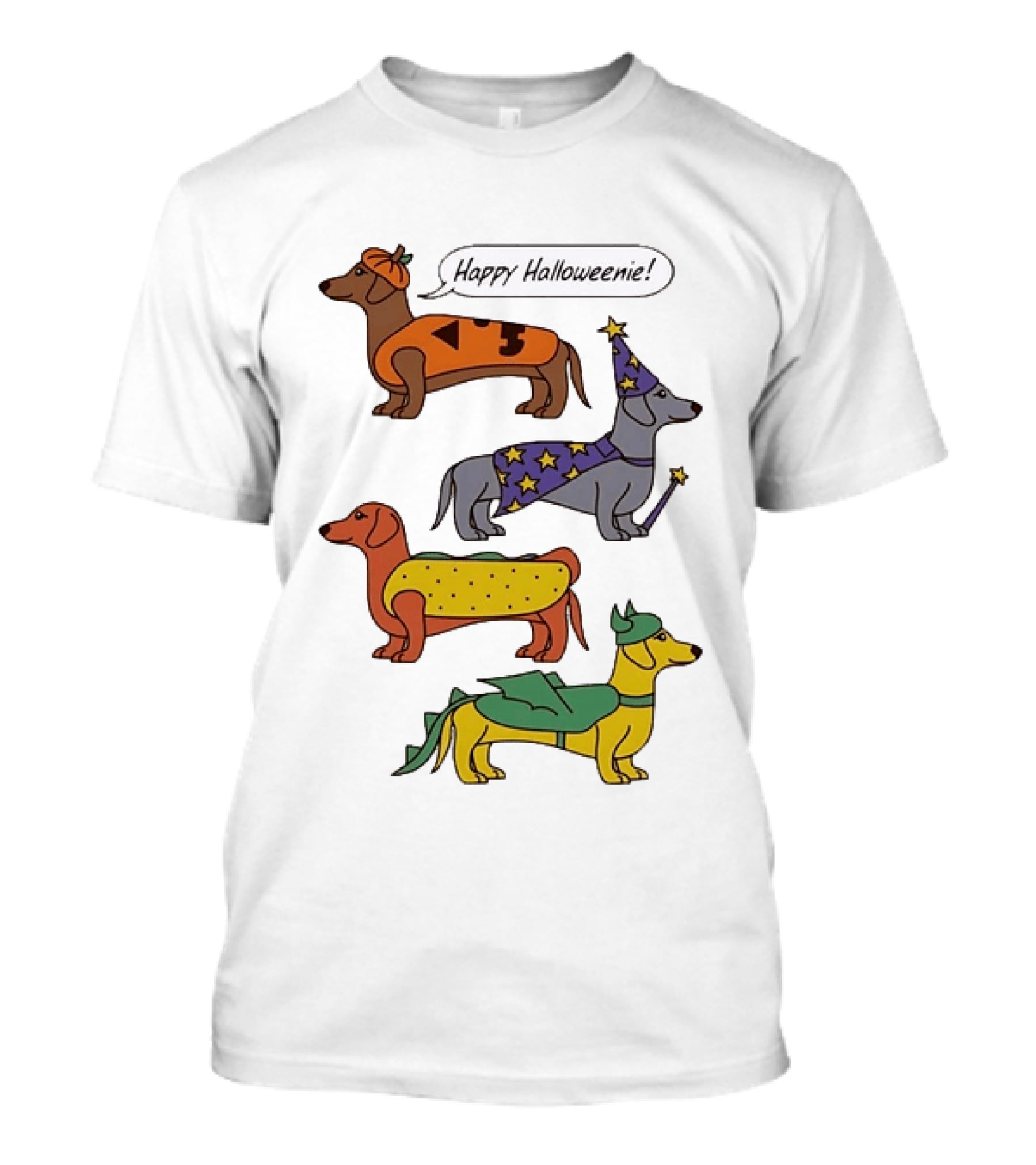 Happy Halloweenie Dachshund Dogs Costumes Pumpkin Wizard Hot Dog Dragon T-Shirt