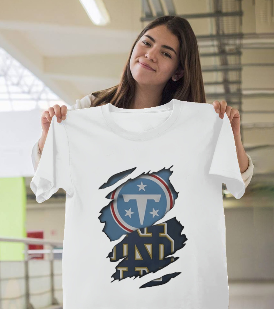 Tennessee Titans Notre Dame Fighting Irish Ripped NCAA Football Collaboration T-Shirt