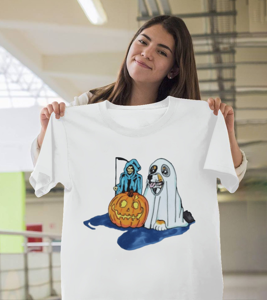 Trick Or Treat Dog Ghost Costume With Grim Reaper And Pumpkin T-Shirt