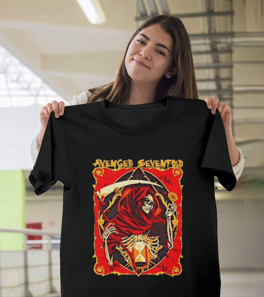 Avenged Sevenfold Grim Reaper Scythe Skeleton Hourglass Cloaked Skeleton T-Shirt