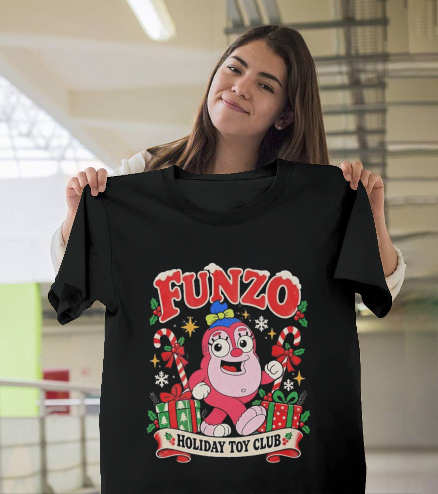 Funzo Christmas Holiday Toy Club Candy Cane And Presents T-Shirt