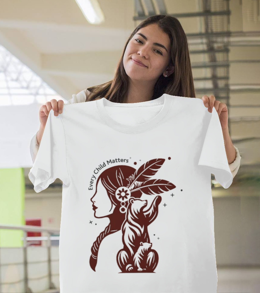 Every Child Matters Indigenous Woman Profile With Bear And Feathers T-Shirt
