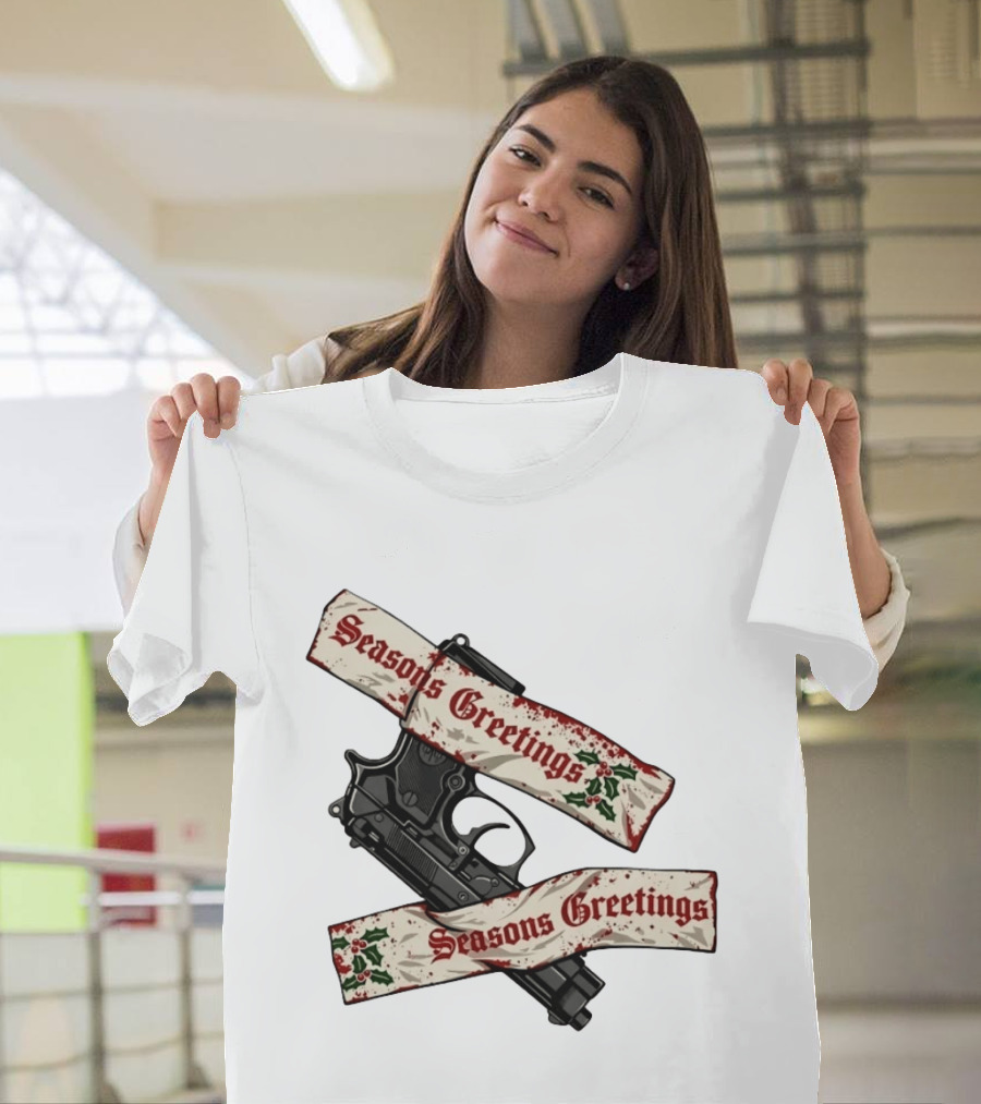Seasons Greetings Handgun Holiday Pistol Merry Christmas T-Shirt