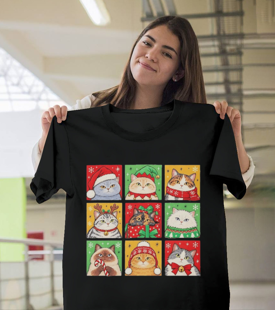 Cats In Christmas Costumes Festive Holiday Kittens Santa Hats And Gifts T-Shirt