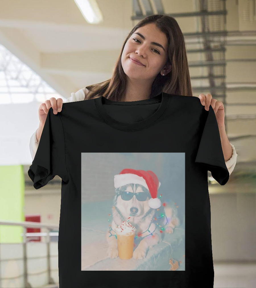 Husky Dog Santa Hat Sunglasses Christmas Lights And Holiday Drink T-Shirt