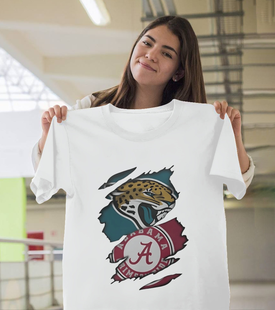 Jacksonville Jaguars Alabama Crimson Tide Ripped Skin Effect NCAA T-Shirt