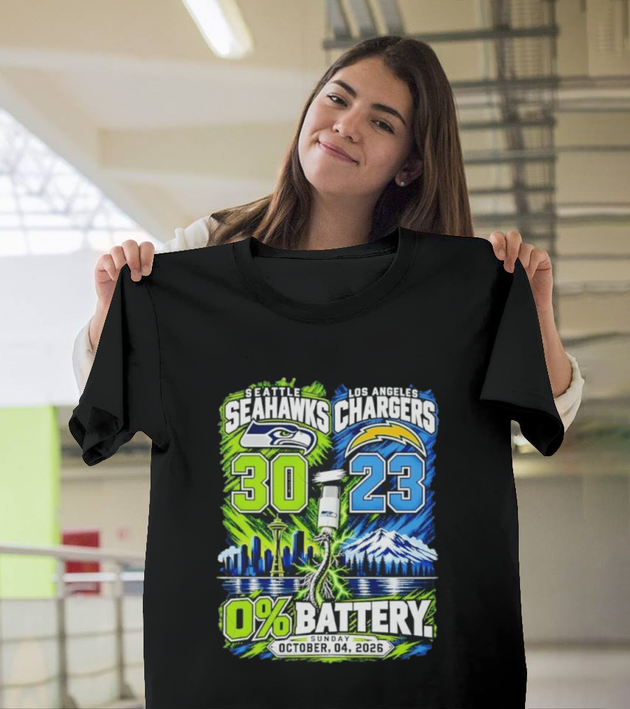 Seattle Seahawks Vs Los Angeles Chargers 30 23 Game 0% Battery October 4 2026 T-Shirt