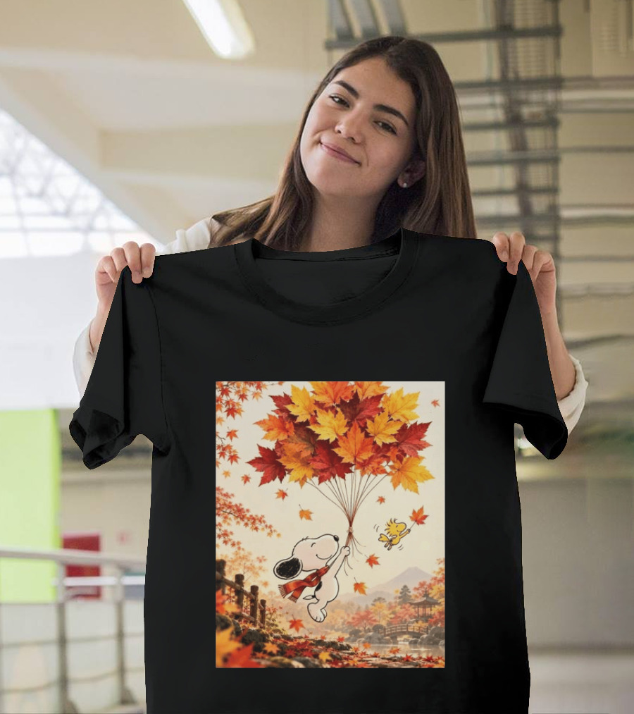 Snoopy And Woodstock Autumn Leaves Floating Scene With Tree And Bridge T-Shirt