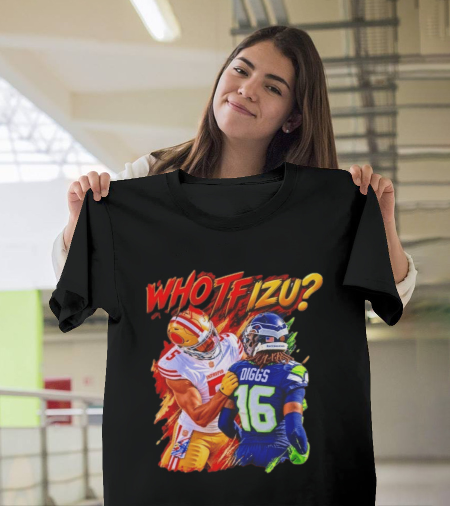 Who TF Izu Diggs 16 Intrepid Football Bootleg NFL Rivalry Red Blue 49ers Seahawks T-Shirt