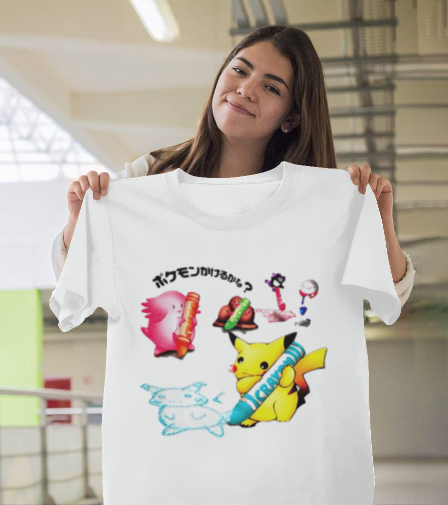 Pikachu Crayon Drawing Pokémon Characters Cartoon Art Japan T-Shirt