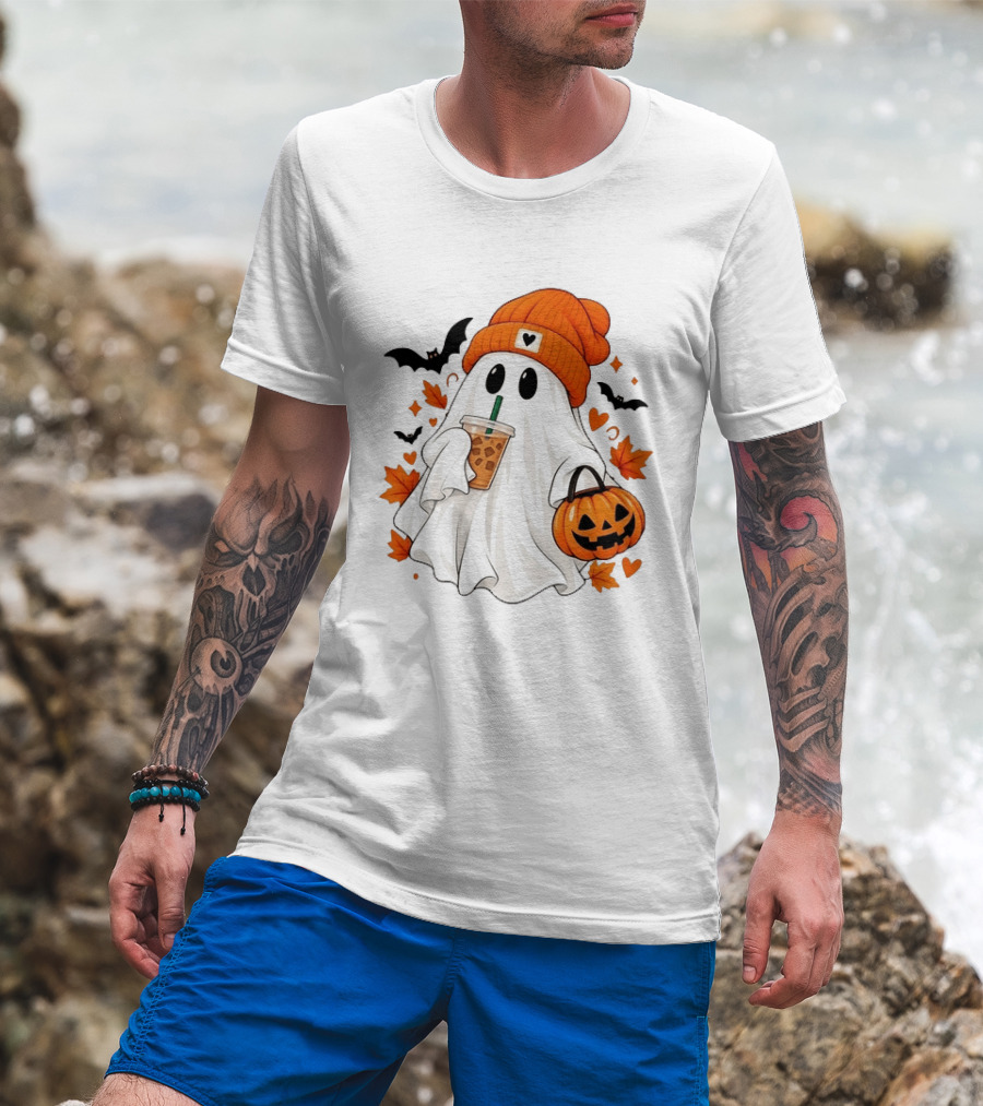 Ghost In Orange Beanie Holding Iced Coffee With Pumpkin Basket And Bat T-Shirt
