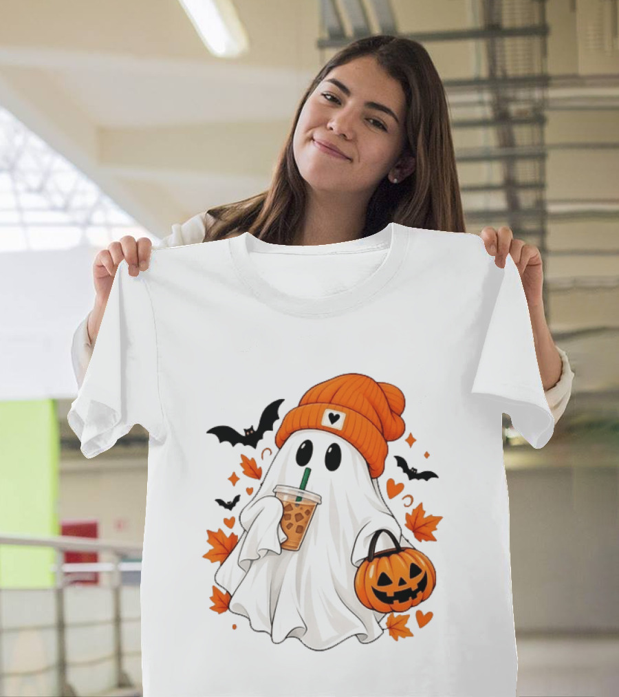Ghost In Orange Beanie Holding Iced Coffee With Pumpkin Basket And Bat T-Shirt