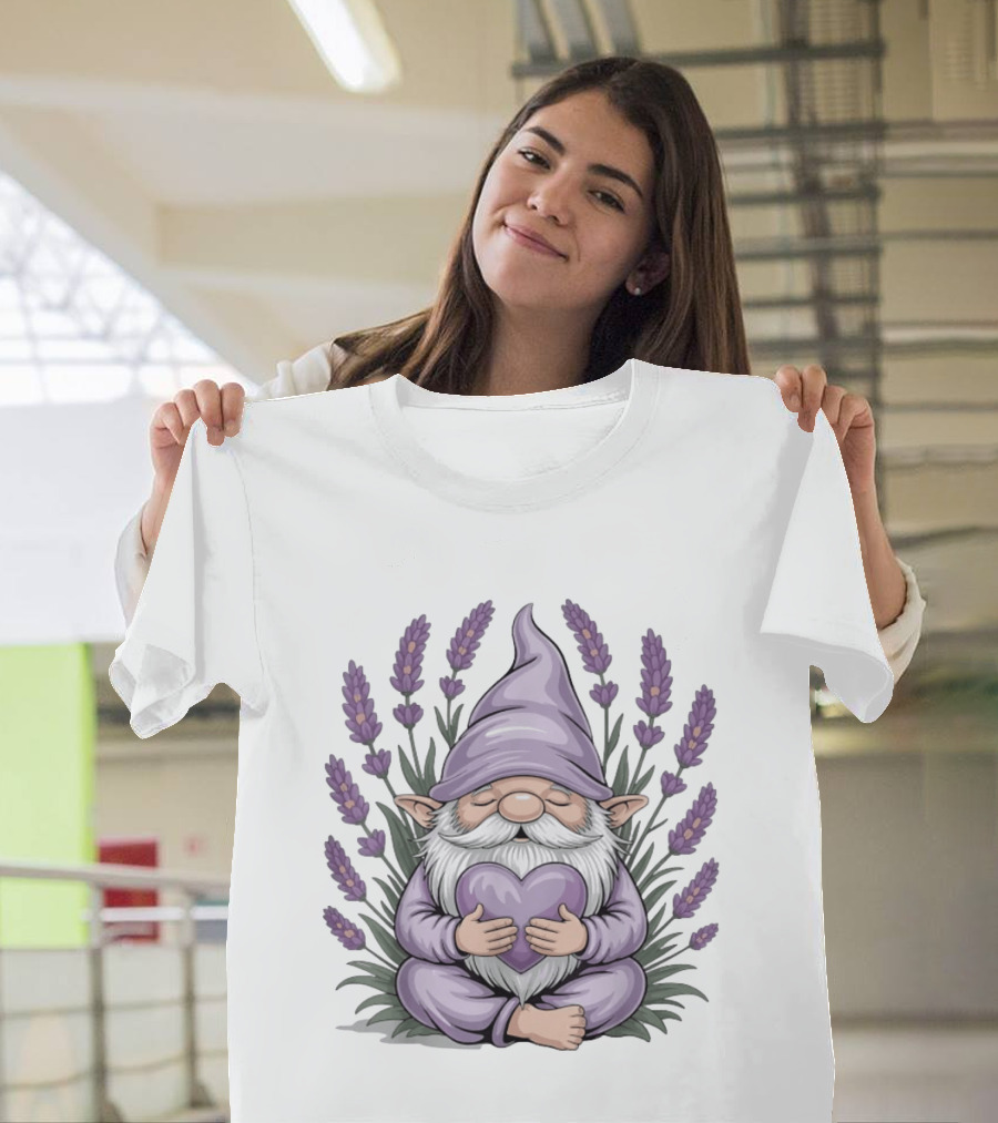 Gnome With Heart Surrounded By Lavender Flowers T-Shirt