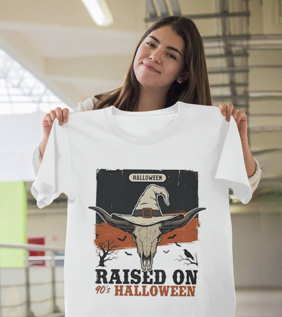 Raised On 90s Halloween Bull Skull With Witch Hat And Spooky Bats T-Shirt