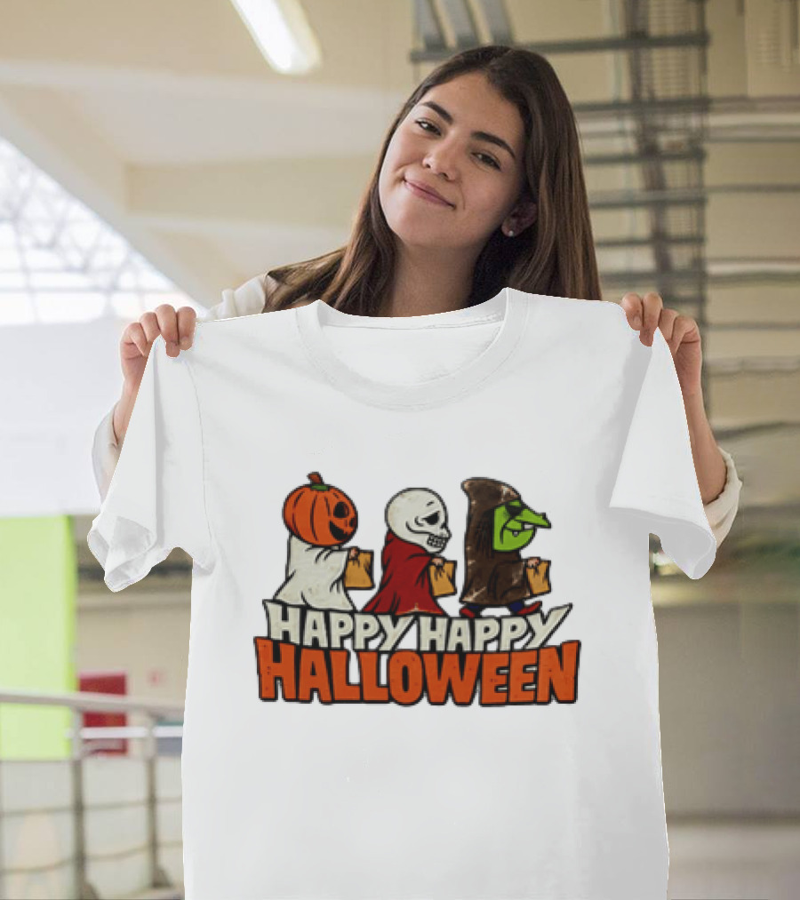 Halloween Happy Happy Halloween Pumpkin Head Skeleton Witch Trick Or Treating T-Shirt