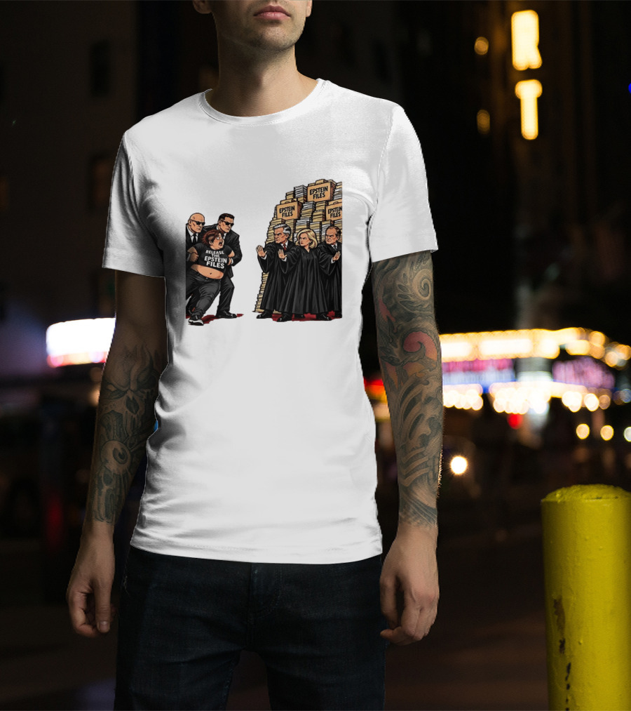 Release The Epstein Files Political Cartoon With Epstein Files Stacks And Judges T-Shirt