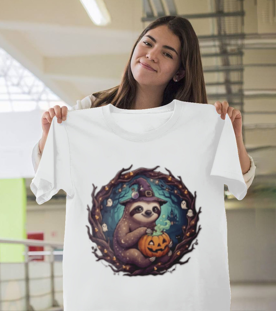 Halloween Sloth Witch Hat Pumpkin Cauldron Spooky Ghosts Forest Scene T-Shirt