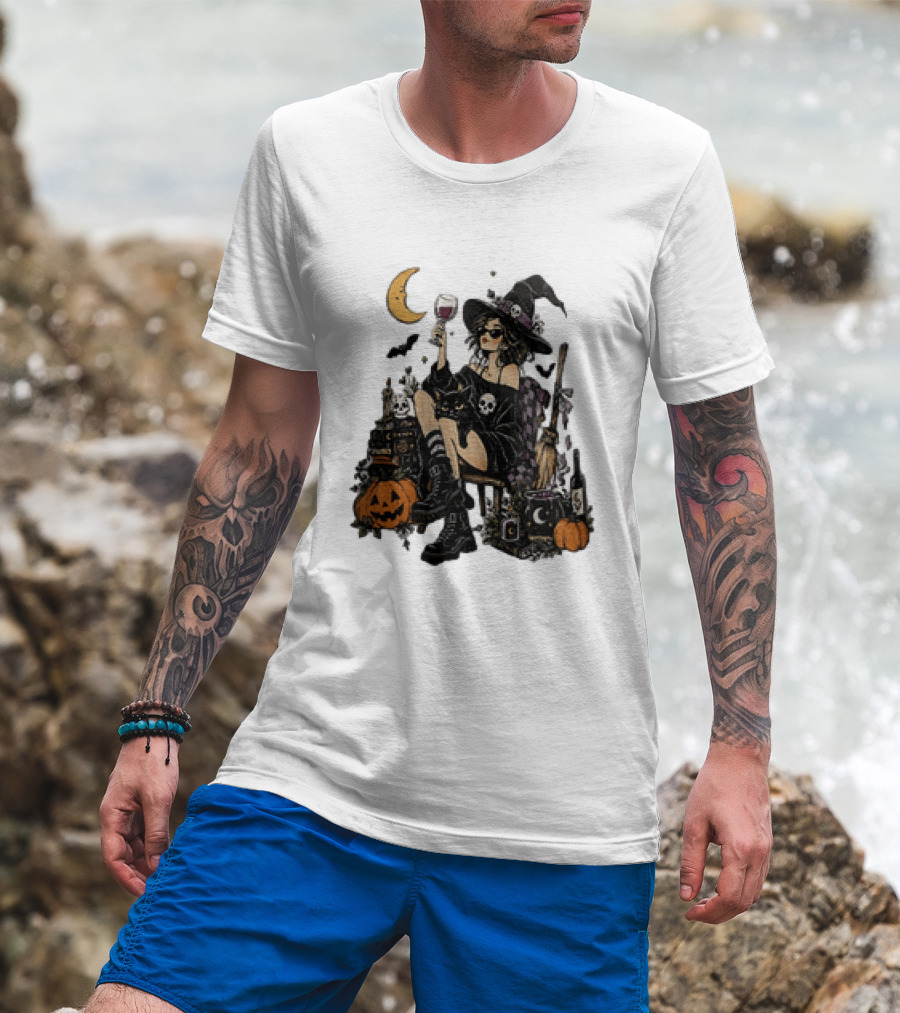 Halloween Witch Hat Sunglasses Wine Glass Black Cat Pumpkin Moon Skull Books T-Shirt