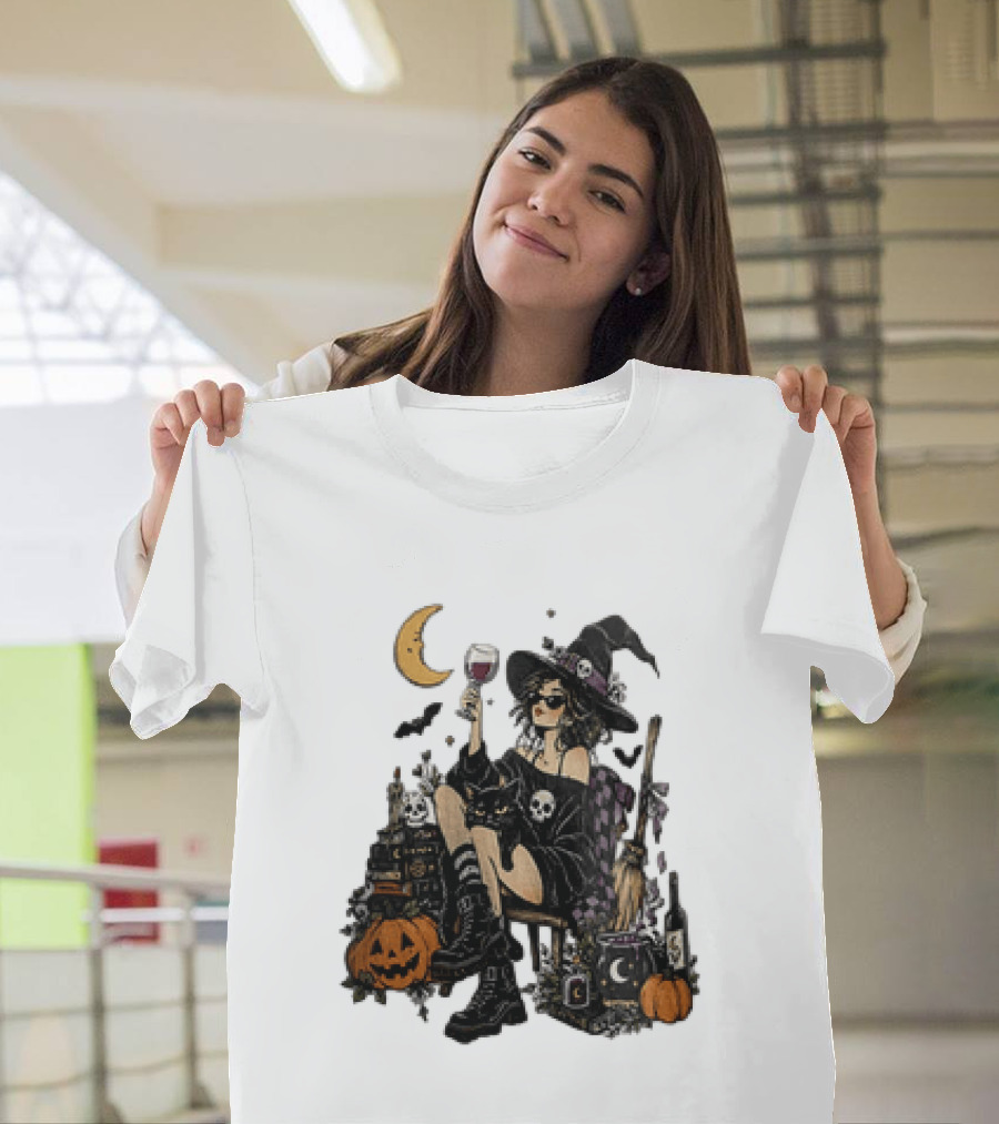 Halloween Witch Hat Sunglasses Wine Glass Black Cat Pumpkin Moon Skull Books T-Shirt