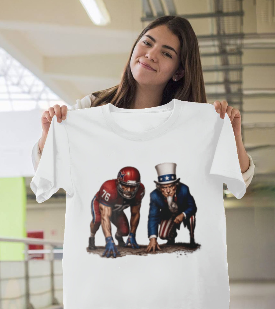 Uncle Sam And American Football Player Number 76 Crouching On Field T-Shirt