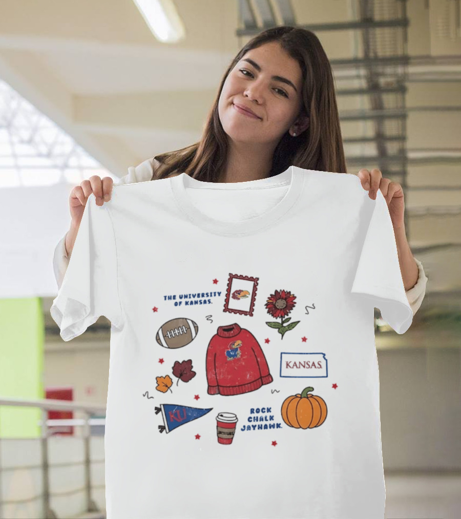University Of Kansas Rock Chalk Jayhawk Football Fall Leaves Pumpkin KU Flag T-Shirt