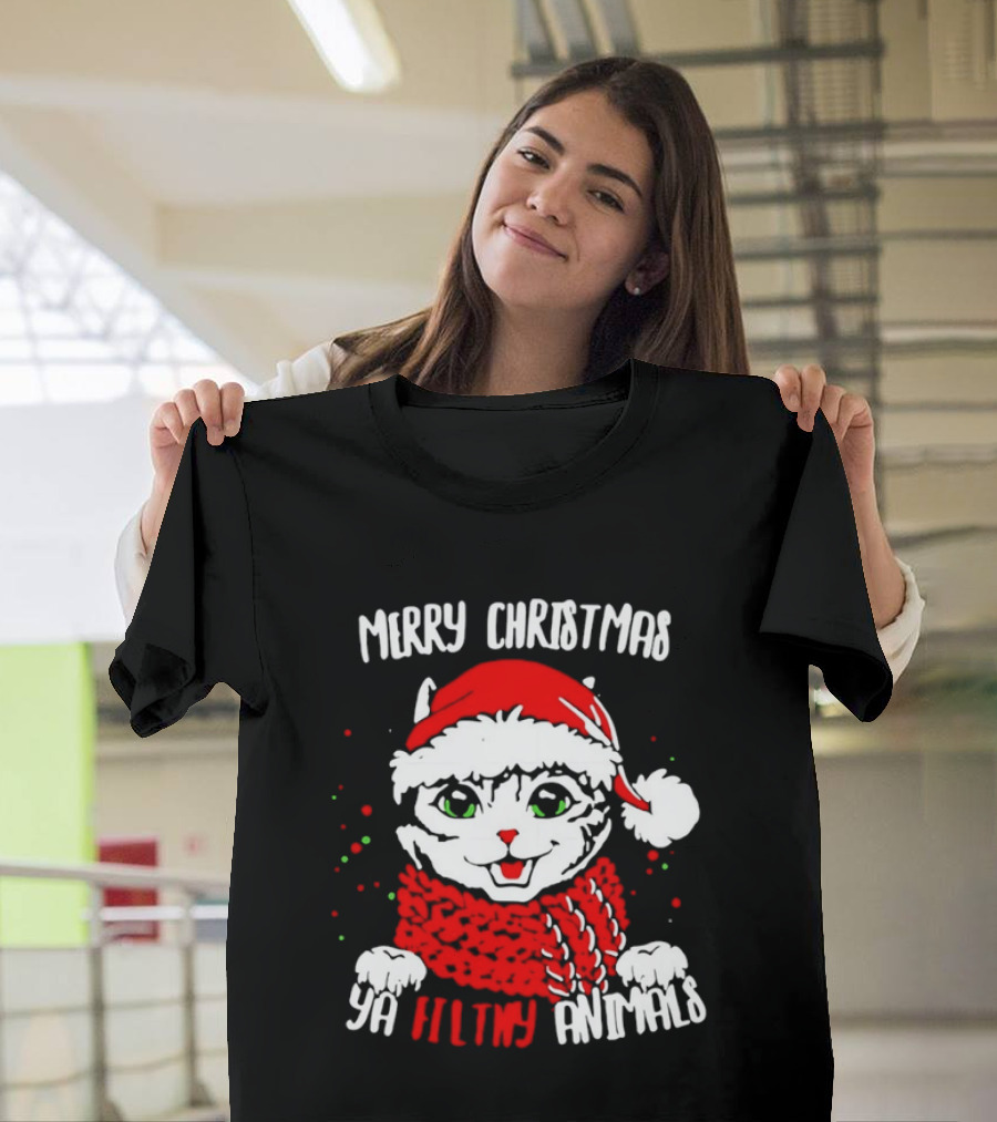 Merry Christmas Ya Filthy Animals Cat Wearing Santa Hat And Scarf T-Shirt