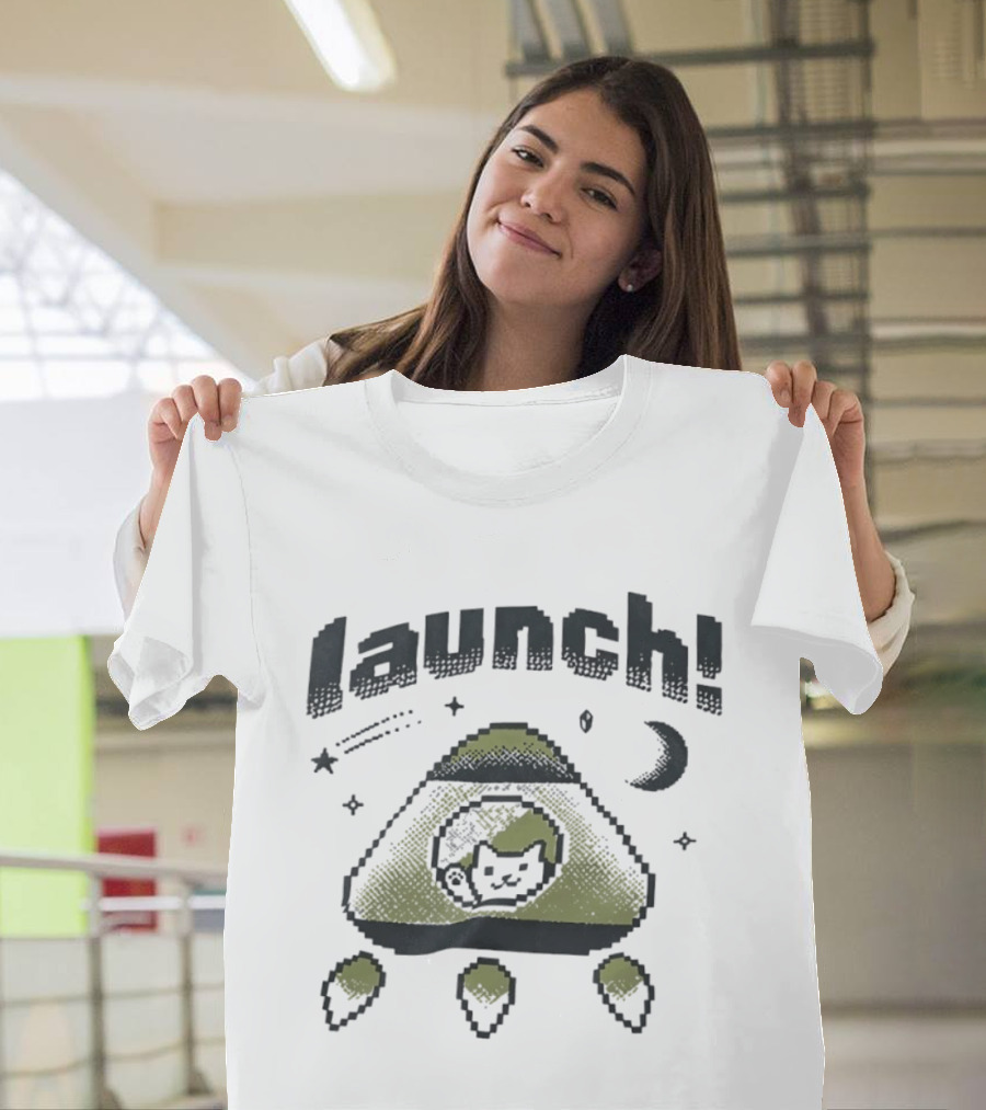 Launch MagicPod Cat Spaceship Pixel Art Collaboration Vibe Coders T-Shirt