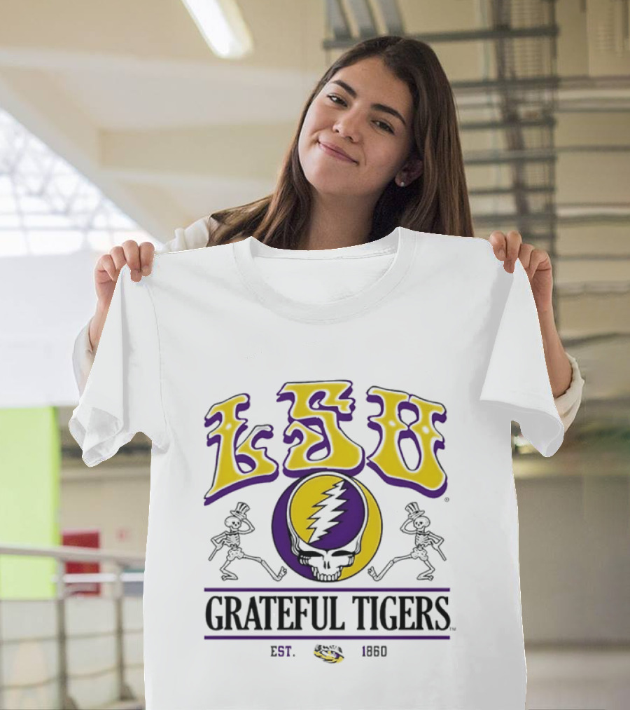 LSU Grateful Tigers Est 1860 Steal Your Face Lightning Skull Skeletons T-Shirt