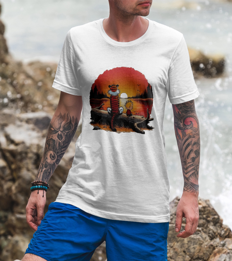 Calvin And Hobbes Log Sunset Lake Scene T-Shirt