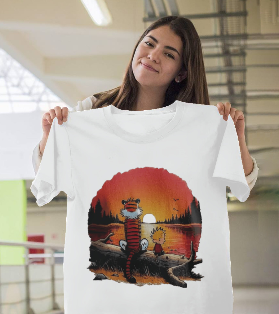 Calvin And Hobbes Log Sunset Lake Scene T-Shirt