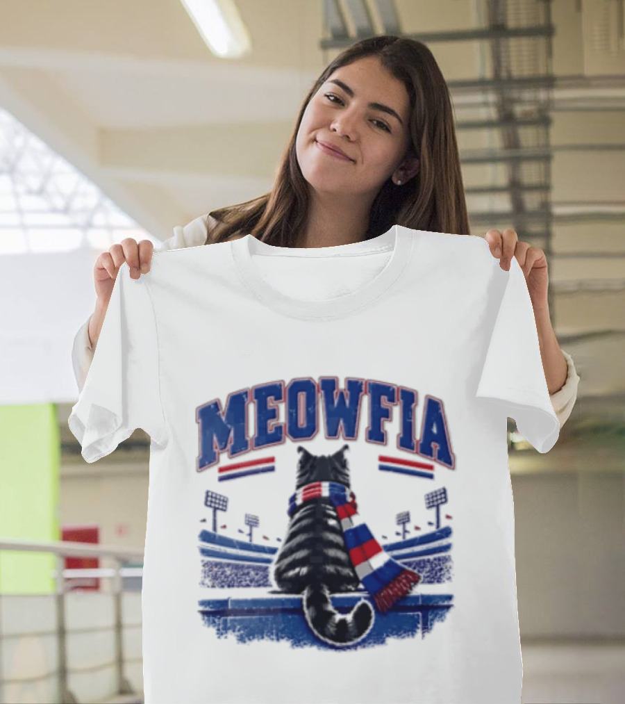 Meowfia Tabby Cat Sporting Colorful Scarf In Stadium Setting T-Shirt