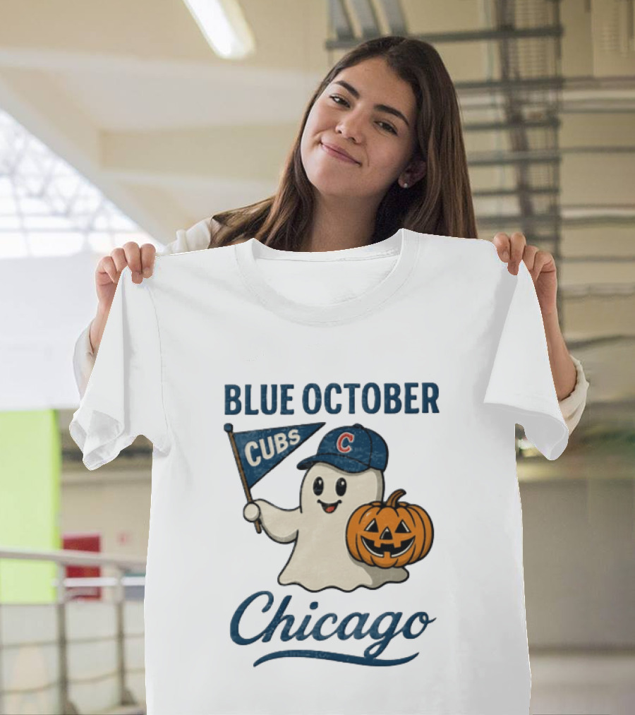 Chicago Cubs Blue October Halloween Ghost Pumpkin Baseball T-Shirt