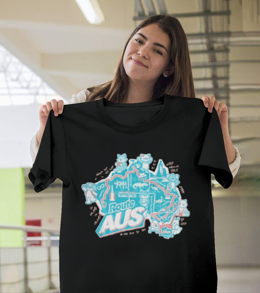 Route Aus Australia Map Animals Travel Icons Brisbane Sydney Melbourne Canberra T-Shirt