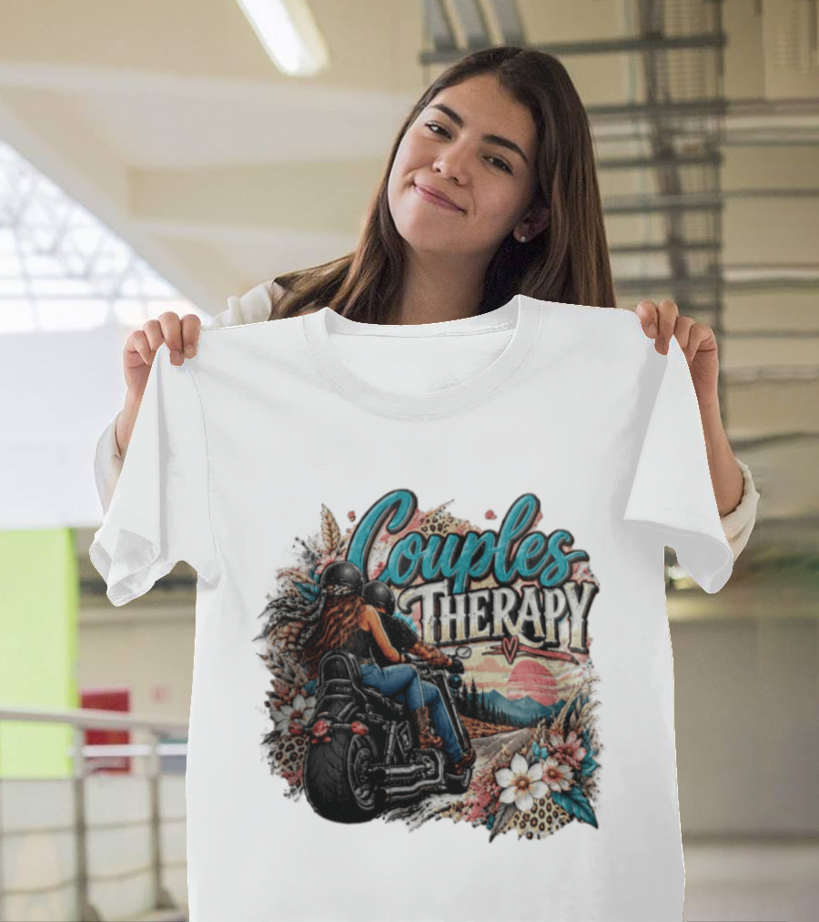 Couples Therapy Motorcycle Sunset Flowers Adventure T-Shirt