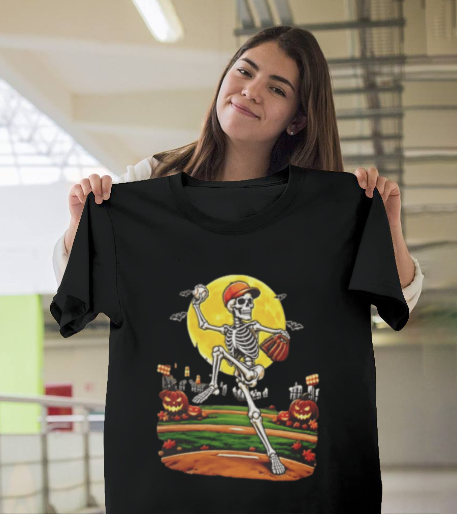 Skeleton Baseball Pitcher Halloween Full Moon Pumpkin Graveyard Scene T-Shirt