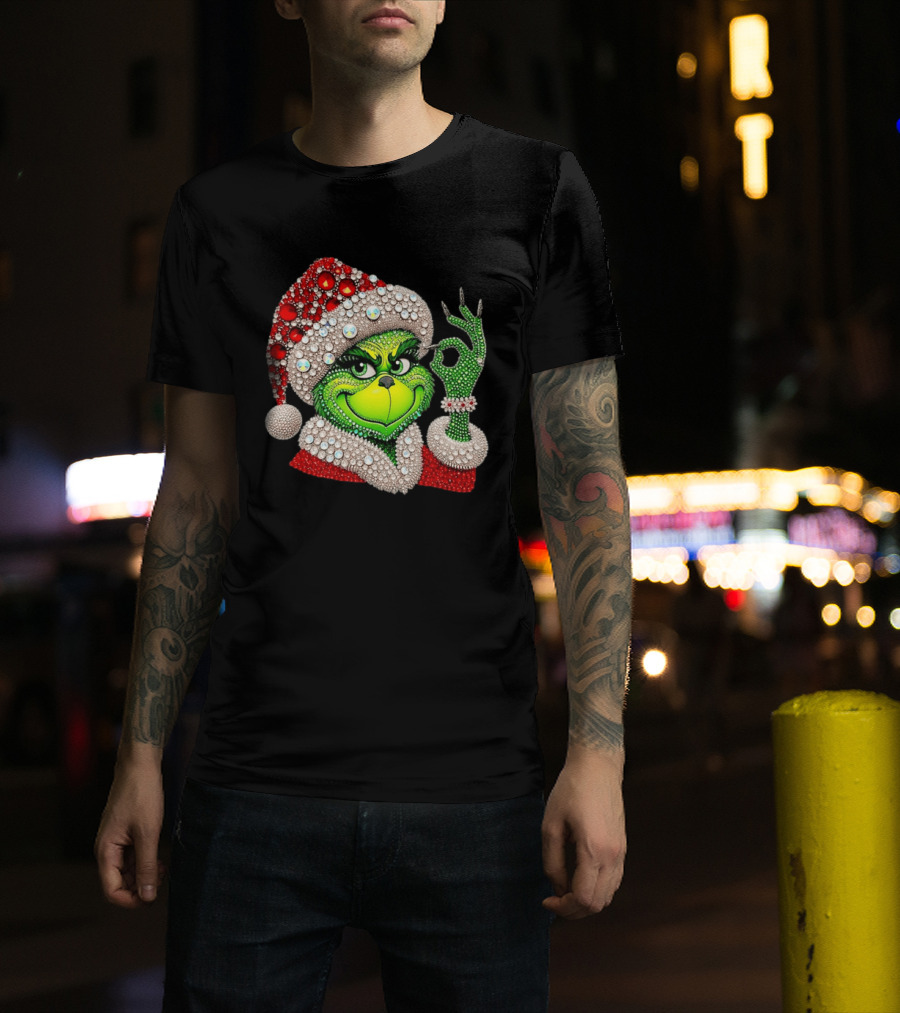 The Grinch Rhinestone Christmas Santa Hat Green Face With Jewels T-Shirt