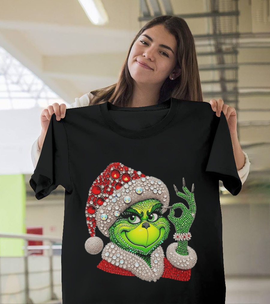 The Grinch Rhinestone Christmas Santa Hat Green Face With Jewels T-Shirt