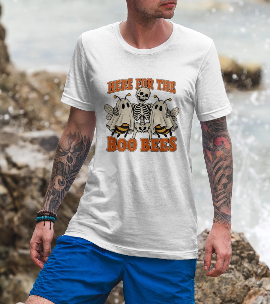 Here For The Boo Bees Halloween Skeleton Ghost Bees T-Shirt