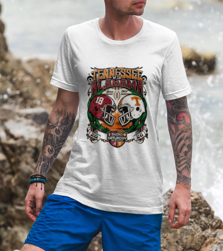Tennessee Vs Alabama Football Rivalry Third Saturday October 2026 Helmets Since 1901 T-Shirt