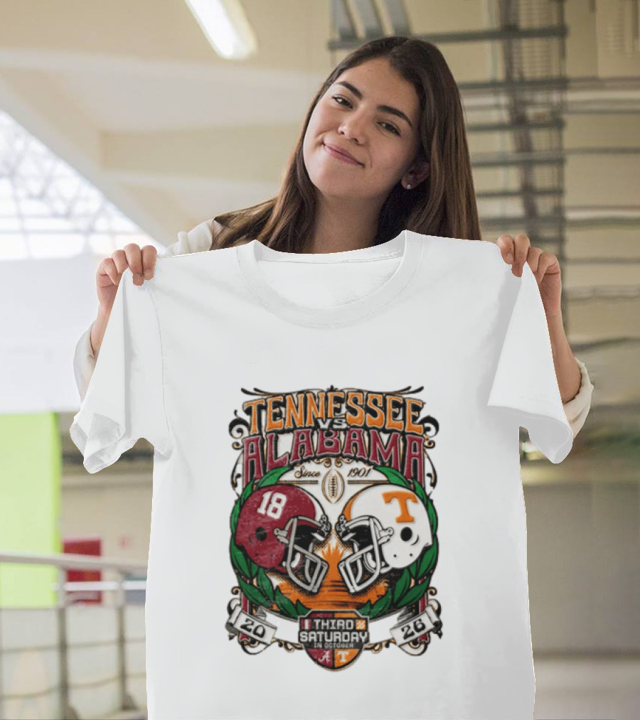 Tennessee Vs Alabama Football Rivalry Third Saturday October 2026 Helmets Since 1901 T-Shirt