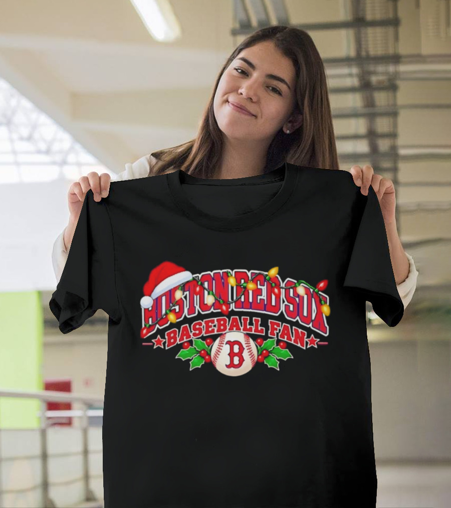 Boston Red Sox Baseball Fan Christmas Lights Santa Hat T-Shirt