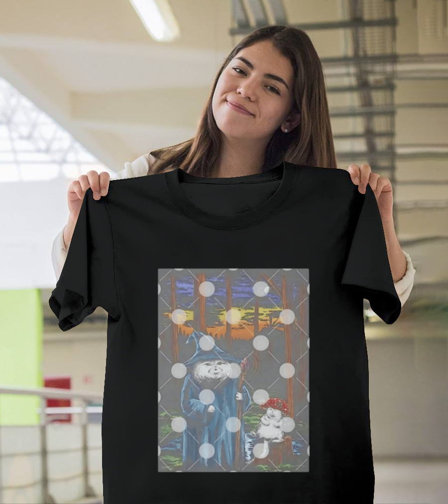 Wizard Cat With Mushroom Friend In Enchanted Forest Sunset T-Shirt