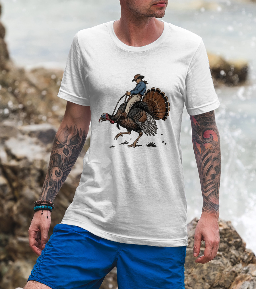 Cowboy Riding Turkey Thanksgiving Humor T-Shirt