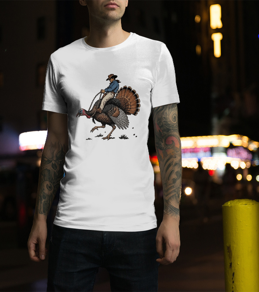 Cowboy Riding Turkey Thanksgiving Humor T-Shirt