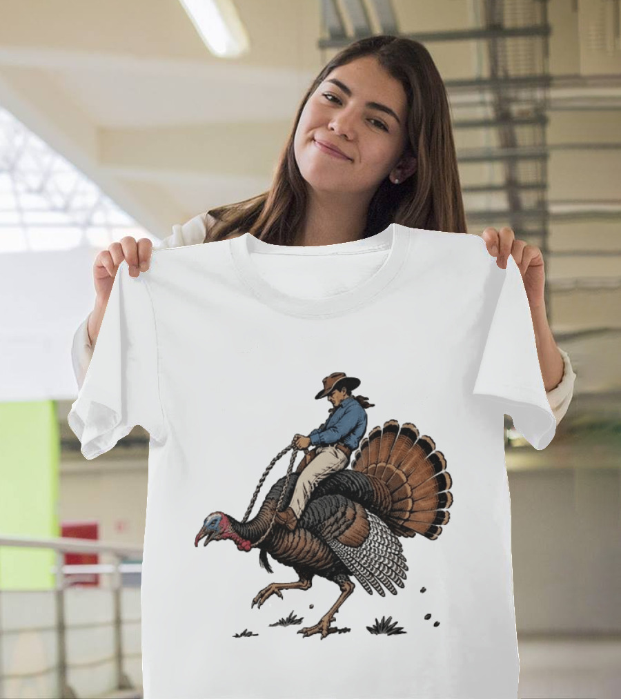 Cowboy Riding Turkey Thanksgiving Humor T-Shirt