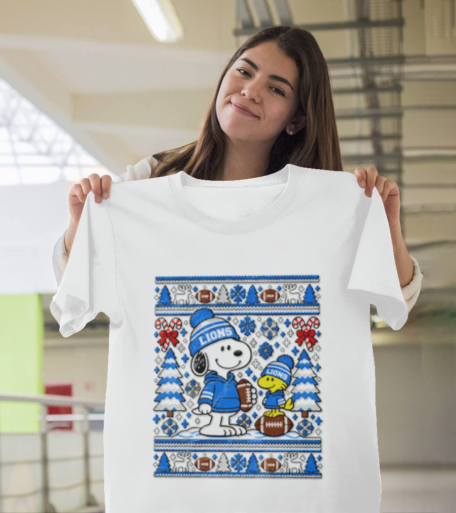 Detroit Lions Snoopy Woodstock Christmas Sweater Peanuts NFL Football Blue Holiday T-Shirt