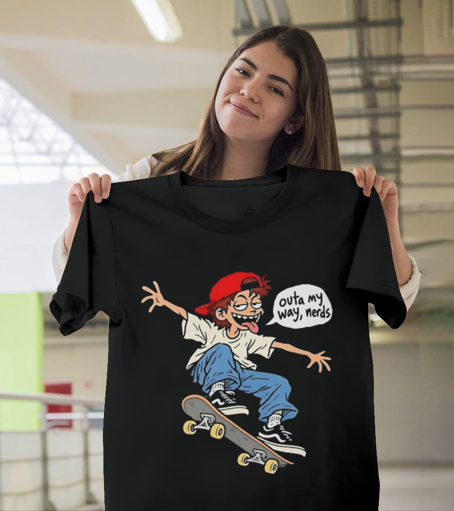 Outa My Way Nerds Skater Cartoon Tongue Out Red Cap Blue Pants White T-Shirt